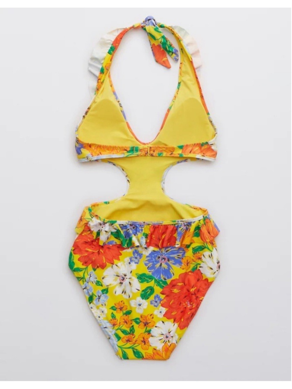 Aerie Yellow Floral Monokini Floral Ruffle Halter One Piece Swimsuit Large - Picture 13 of 13